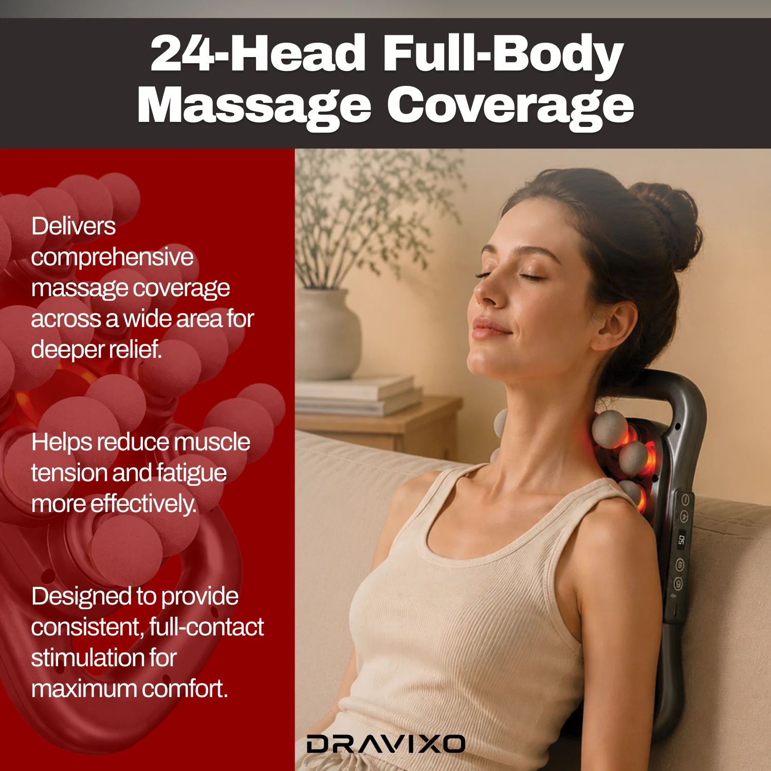 DRAVIXO 24-head massager pictured in a seated lifestyle setting